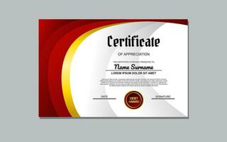 Certificate of appreciation template, gold and red color. Clean modern certificate with gold badge. Certificate border template with luxury and modern line pattern. Diploma vector template