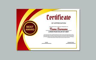 Certificate of appreciation template, gold and red color. Clean modern certificate with gold badge. Certificate border template with luxury and modern line pattern. Diploma vector template