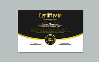 negro y oro certificado modelo diseño para apreciación. lujo estilo certificado diseño. certificado para apreciación de negocio y educación. vector