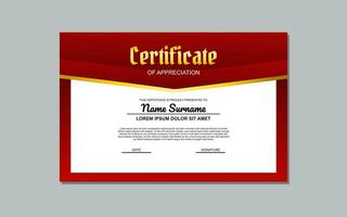 Certificate of appreciation template, gold and red color. Clean modern certificate with gold badge. Certificate border template with luxury and modern line pattern. Diploma vector template