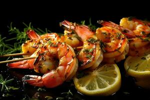 Plate of shrimp with lemon wedges on the side , Generative AI photo