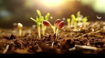 germinando semillas de vegetal en el tierra en varios estaciones, ai generado foto