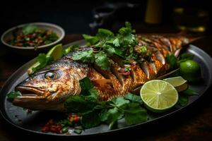 Whole fish with a grilled skin Arab food Generative AI photo