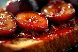 Plum toast, macro shot of a fresh breakfast with Dripping Honey, AI Generated photo