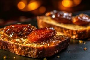 Saudi Arab Dates toast, macro shot of a fresh breakfast with Dripping Honey, AI Generated photo