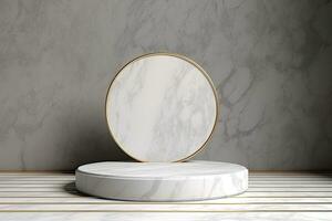 A white round device sits on a table in front of a jungle background photo