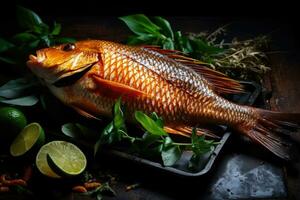 Whole fish with a grilled skin Arab food Generative AI photo