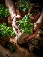 Person Holding a pot of herbs, Sustainability Generative AI photo