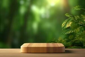 Wooden product display podium with blurred nature leaves on green background 3d rendering photo