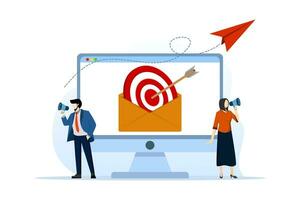 concept of email marketing, subscribing to a newsletter or sending online promotions to direct customers to a website, advertising, businessman with megaphone and target email on computer laptop. vector