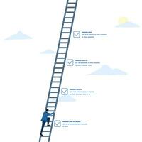 concept of complete checklist or task list, check mark or completion of work, productivity checklist, survey form or success plan, businessman climbing stairs on completion of work checklist. vector