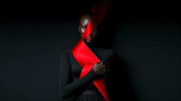 Symbol of unity for World AIDS Day, human with ribbon red, concept of helping those in need, Generative AI illustration photo