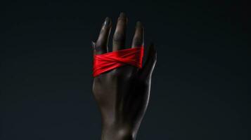 Holding hands with red ribbon on dark background, World AIDS Day, concept of helping those in need, Generative AI illustration photo