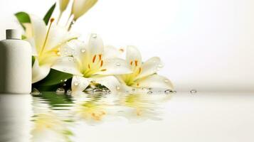 Beautiful flower blooming branch over the water with reflection in a pond, close-up with soft focus, Generative AI illustration photo