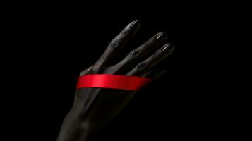 Holding hands with red ribbon on dark background, World AIDS Day, concept of helping those in need, Generative AI illustration photo
