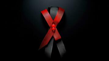 Red ribbon on dark background, World AIDS Day, concept of helping those in need, Generative AI illustration photo