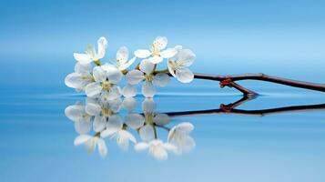 Beautiful flower blooming branch over the water with reflection in a pond, close-up with soft focus, Generative AI illustration photo