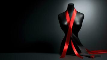 Red ribbon on dark background, World AIDS Day, concept of helping those in need, Generative AI illustration photo