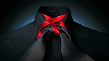 rojo cinta en oscuro fondo, mundo SIDA día, concepto de Ayudar esos en necesidad, generativo ai ilustración foto
