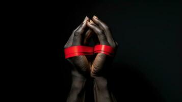 Holding hands with red ribbon on dark background, World AIDS Day, concept of helping those in need, Generative AI illustration photo