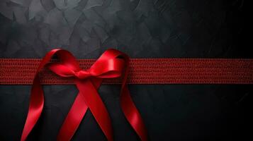 Red ribbon on dark background, World AIDS Day, concept of helping those in need, Generative AI illustration photo