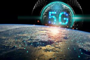 The concept 5G Data in the global network.social,telecommunication,earth.photo modern technology and communication concept.Elements of this image furnished by NASA. photo