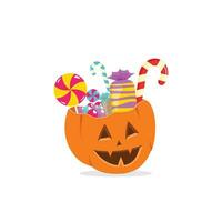 Halloween pumpkin with candies. Cartoon sweets pumpkin basket, lollipops, jelly treats and candy cane vector illustration.