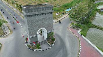 Aerial view of Monument De Center Point Bone Bolango, Gorontalo at sunrise video