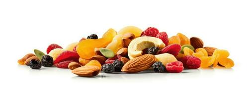 Footer of mix dry fruit on white background, AI Generated photo