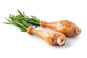 Chicken Drumstick meat and herbs isolated on white, Generative AI photo