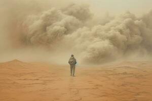 A Painting of people running in a dust storm, Generative AI photo