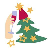 Merry Christmas. Vector isolated illustration. Hand with wineglass and decorated Christmas tree.