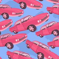 Vector seamless pattern with retro pink cars on blue background. Pinkcore vector illustration.