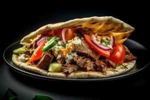 A shawarma with meat and vegetables on it photo