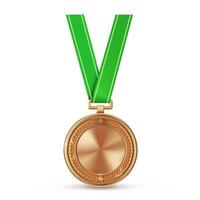Realistic bronze empty medal on green ribbon. Sports competition awards for third place. Championship reward for victories and achievements vector