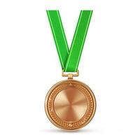 Realistic bronze empty medal on green ribbon. Sports competition awards for third place. Championship reward for victories and achievements vector