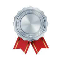 Shiny realistic empty silver award medal with red ribbon rosettes on white background. Symbol of winners and achievements. vector