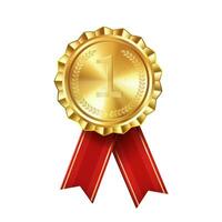 Realistic gold award medal with red ribbons engraved number one. Premium badge for winners and achievements vector