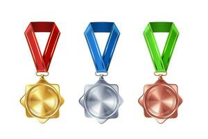 Set of realistic gold, silver, and bronze empty medals on colorful ribbons. Sports competition awards for 1st, 2nd, and 3rd place. Championship rewards for victories and achievements vector