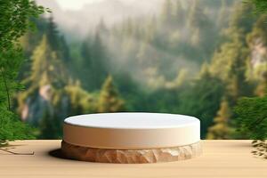 A white round device sits on a table in front of a jungle background photo