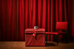 A red box with a red envelope on a table in front of a red curtain photo