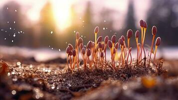 germinando semillas de vegetal en el tierra debajo nieve en invierno, ai generado foto