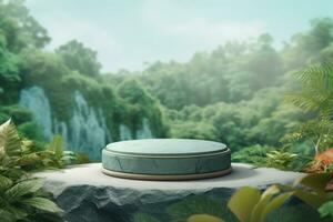 A white round device sits on a table in front of a jungle background photo