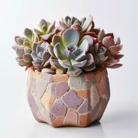 Graptoveria in a terracotta hexagonal pot with a speckled pattern in shades of purple AI Generated photo
