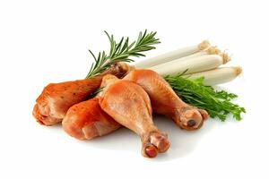 Chicken Drumstick meat and herbs isolated on white, Generative AI photo