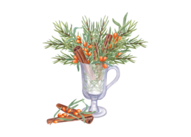 Bouquet of Spruce twigs, Sea Buckthorn branch, Cinnamons sticks in transparent glass. Christmas and New year theme. Watercolor composition for Xmas, New Year cards, greetings png