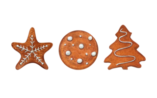 Set of watercolor Xmas gingerbread cookies decorated with white icing. New year and Christmas pastries. Hand drawn illustration of round cookie, star, spruce png