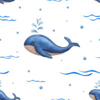 Watercolor underwater seamless pattern of cartoon blue whales. Aquatic illustration for design, print, scrapbooking, textile png