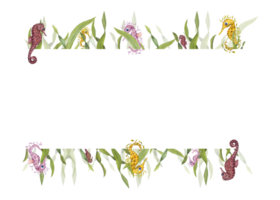 vattenfärg ram i marin stil. illustration av ogräs och sjöhästar för vykort design, för hälsning kort, affisch, inbjudan mall png
