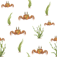 vattenfärg under vattnet sömlös mönster av brun tecknad serie krabbor, grön tång. hand målad illustration för design, menyer, tapet, tyg, omslag. png